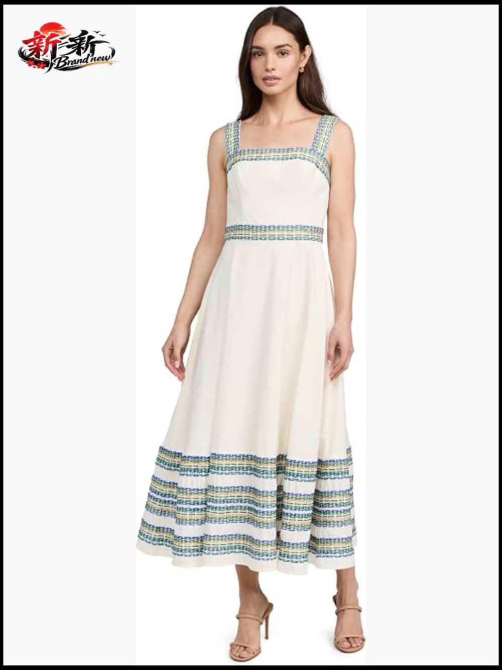 Embroidered Cotton Midi A-Line Dress Square Neck Sleeveless Zipper Back